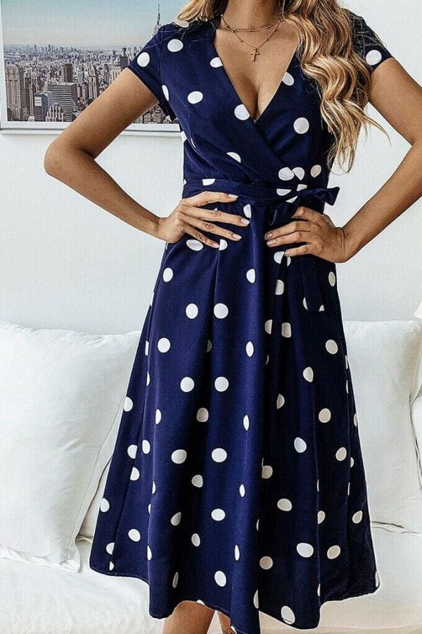 The Best Women Polka Dot Midi Dress Fashion Ladies Boho Short Sleeve V Neck Summer Beach Party Casual Long Sundress Online - Takalr