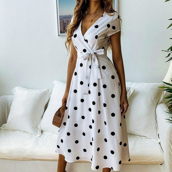 The Best Women Polka Dot Midi Dress Fashion Ladies Boho Short Sleeve V Neck Summer Beach Party Casual Long Sundress Online - Takalr