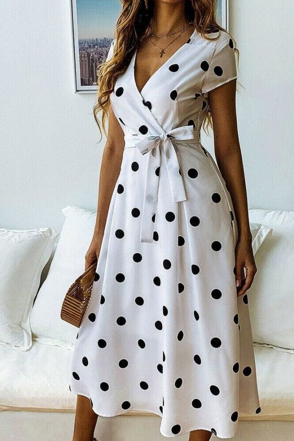 The Best Women Polka Dot Midi Dress Fashion Ladies Boho Short Sleeve V Neck Summer Beach Party Casual Long Sundress Online - Takalr