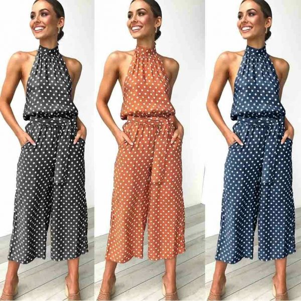 The Best Women Polka Dot Sleeveless Halter Jumpsuit Playsuit Fashion New Ladies Party Summer Loose Wide Leg Romper Trousers Online - Takalr