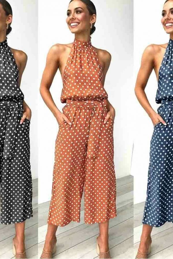 The Best Women Polka Dot Sleeveless Halter Jumpsuit Playsuit Fashion New Ladies Party Summer Loose Wide Leg Romper Trousers Online - Takalr