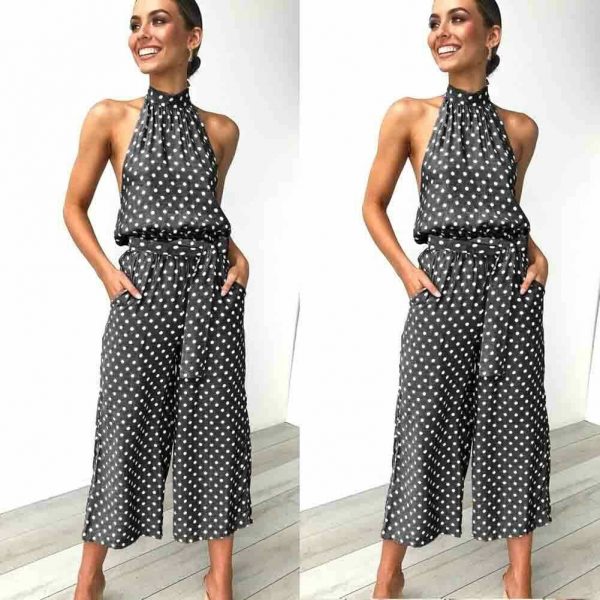 The Best Women Polka Dot Sleeveless Halter Jumpsuit Playsuit Fashion New Ladies Party Summer Loose Wide Leg Romper Trousers Online - Takalr