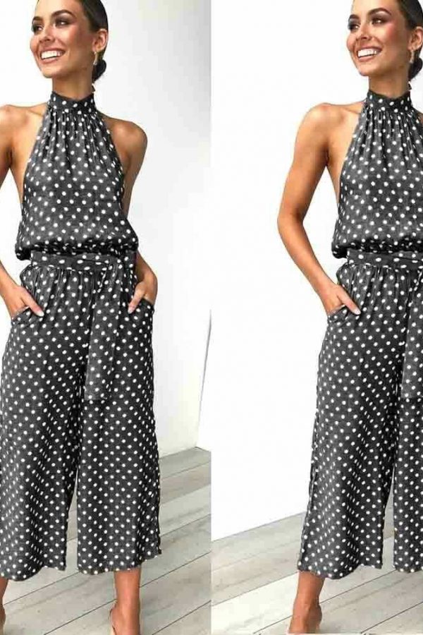 The Best Women Polka Dot Sleeveless Halter Jumpsuit Playsuit Fashion New Ladies Party Summer Loose Wide Leg Romper Trousers Online - Takalr