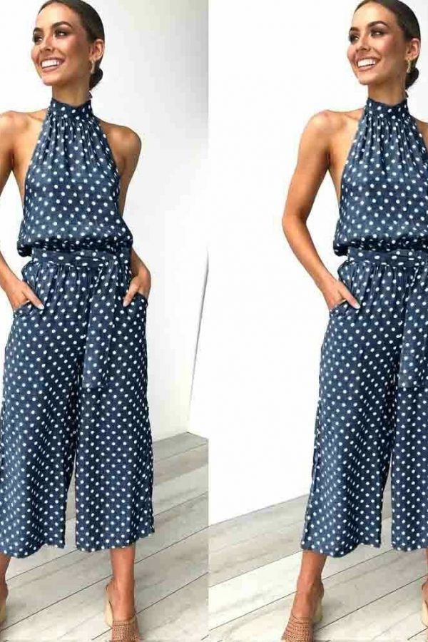 The Best Women Polka Dot Sleeveless Halter Jumpsuit Playsuit Fashion New Ladies Party Summer Loose Wide Leg Romper Trousers Online - Takalr