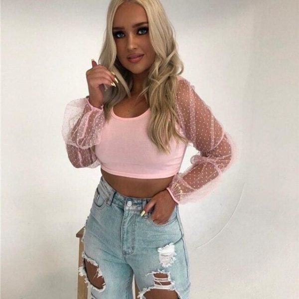 The Best Women Polka Dots Mesh Sheer See-through Crop Top Fairy Female Puff Long Sleeve Mesh Yoke Solid Loose Slim Soft Outwear T-Shirts Online - Takalr