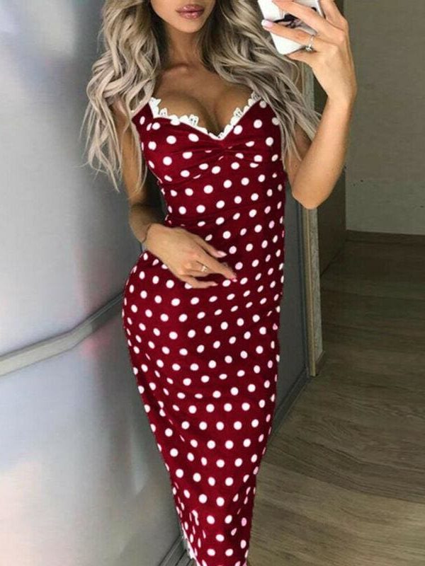 The Best Women Polka Dots Strappy Bodycon Maxi Long Dress Summer Ladies V Neck Casual Party Slim Fit Beach Sundress Online - Takalr