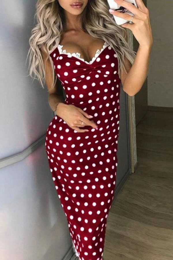 The Best Women Polka Dots Strappy Bodycon Maxi Long Dress Summer Ladies V Neck Casual Party Slim Fit Beach Sundress Online - Takalr