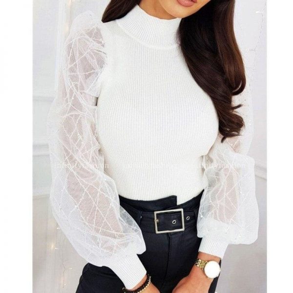 The Best Women Puff Long Sleeve Knitted Tops Blouse Fashion Ladies Casual Slim Sweater Pullover Jumper Ribbed Shirt Online - Takalr