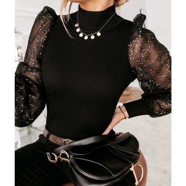 The Best Women Puff Long Sleeve Knitted Tops Blouse Fashion Ladies Casual Slim Sweater Pullover Jumper Ribbed Shirt Online - Takalr