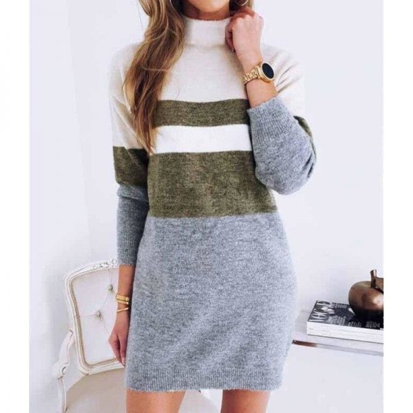 The Best Women Pullover Knitted Dress Casual Turtleneck Patchwork Loose Long Sleeve Basic Dress Autumn Winter Clothes Online - Takalr