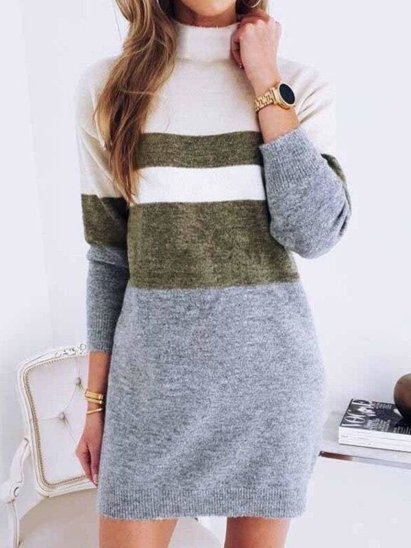 The Best Women Pullover Knitted Dress Casual Turtleneck Patchwork Loose Long Sleeve Basic Dress Autumn Winter Clothes Online - Takalr