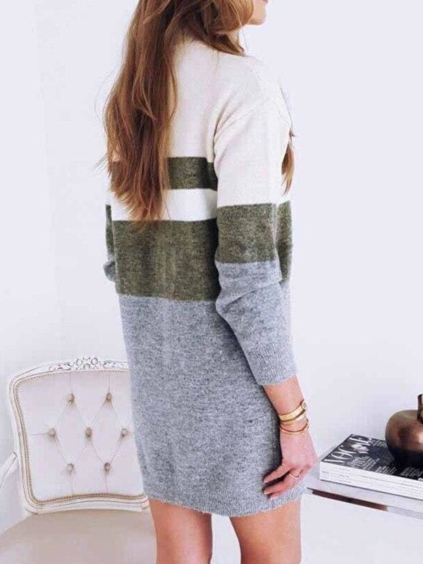 The Best Women Pullover Knitted Dress Casual Turtleneck Patchwork Loose Long Sleeve Basic Dress Autumn Winter Clothes Online - Takalr