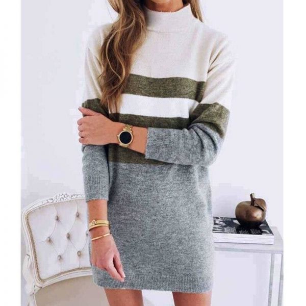 The Best Women Pullover Knitted Dress Casual Turtleneck Patchwork Loose Long Sleeve Basic Dress Autumn Winter Clothes Online - Takalr