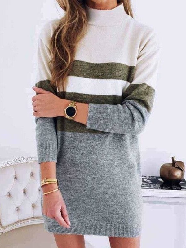 The Best Women Pullover Knitted Dress Casual Turtleneck Patchwork Loose Long Sleeve Basic Dress Autumn Winter Clothes Online - Takalr