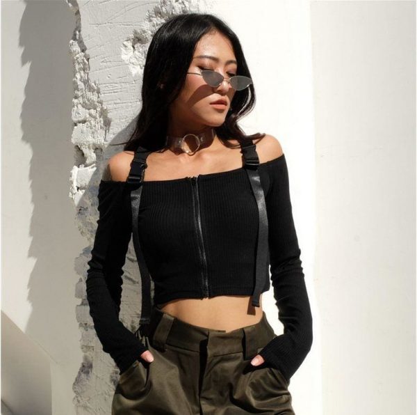 The Best Women Punk Crop Tops Button Zipper Long Sleeve Off Shoulder High Street Thin Top Plus Size Online - Takalr