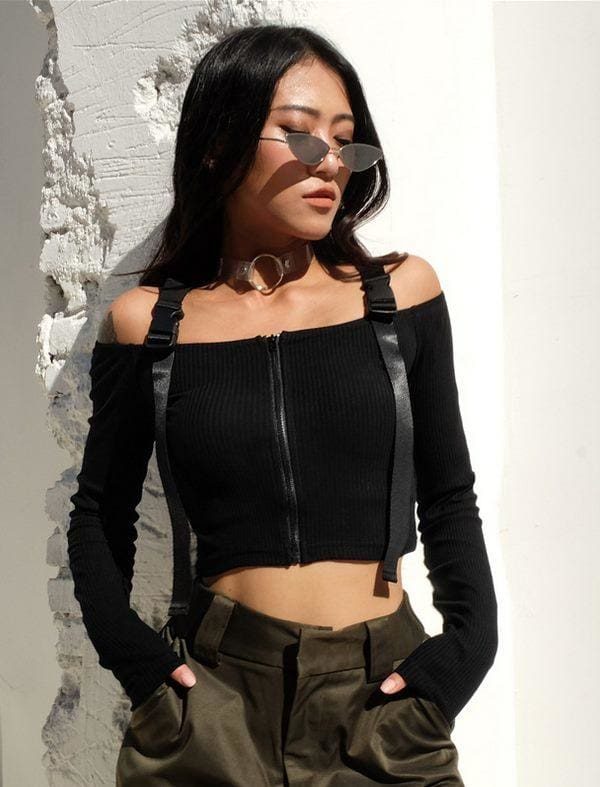 The Best Women Punk Crop Tops Button Zipper Long Sleeve Off Shoulder High Street Thin Top Plus Size Online - Takalr