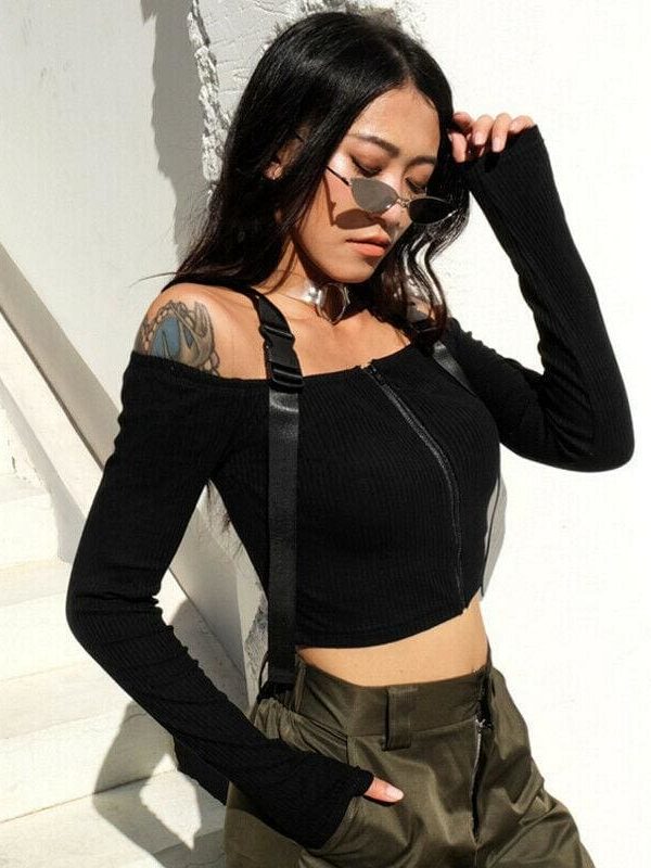 The Best Women Punk Crop Tops Button Zipper Long Sleeve Off Shoulder High Street Thin Top Plus Size Online - Takalr