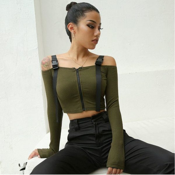 The Best Women Punk Crop Tops Button Zipper Long Sleeve Off Shoulder High Street Thin Top Plus Size Online - Takalr