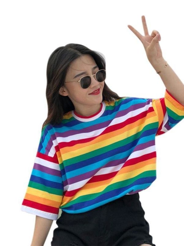 The Best Women Rainbow Striped Tops Summer Short Sleeve Korean Punk T-shirt Online - Takalr