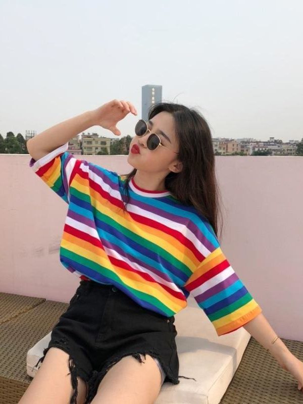 The Best Women Rainbow Striped Tops Summer Short Sleeve Korean Punk T-shirt Online - Takalr