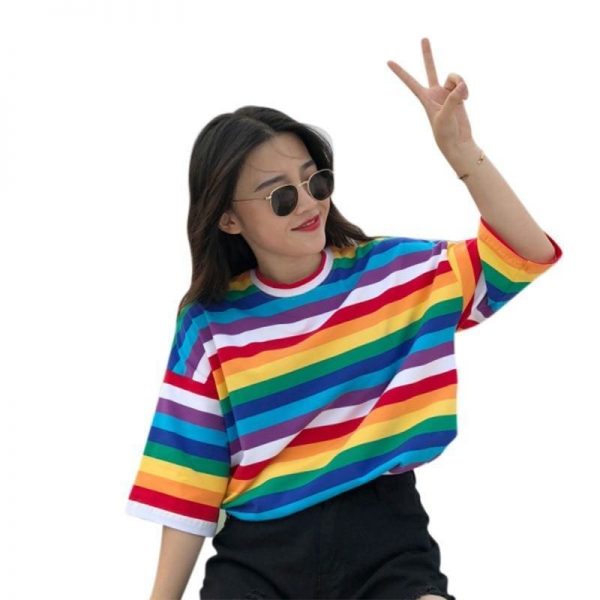 The Best Women Rainbow Striped Tops Summer Short Sleeve Korean Punk T-shirt Online - Takalr