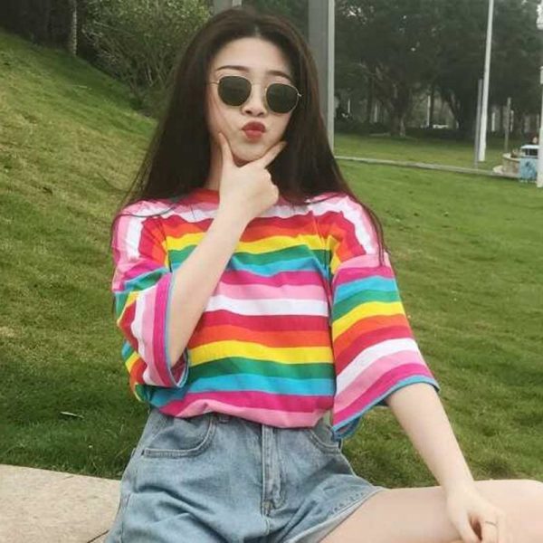 The Best Women Rainbow Striped Tops Summer Short Sleeve Korean Punk T-shirt Online - Takalr