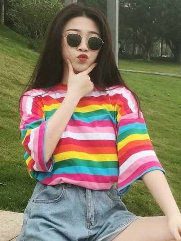 The Best Women Rainbow Striped Tops Summer Short Sleeve Korean Punk T-shirt Online - Takalr