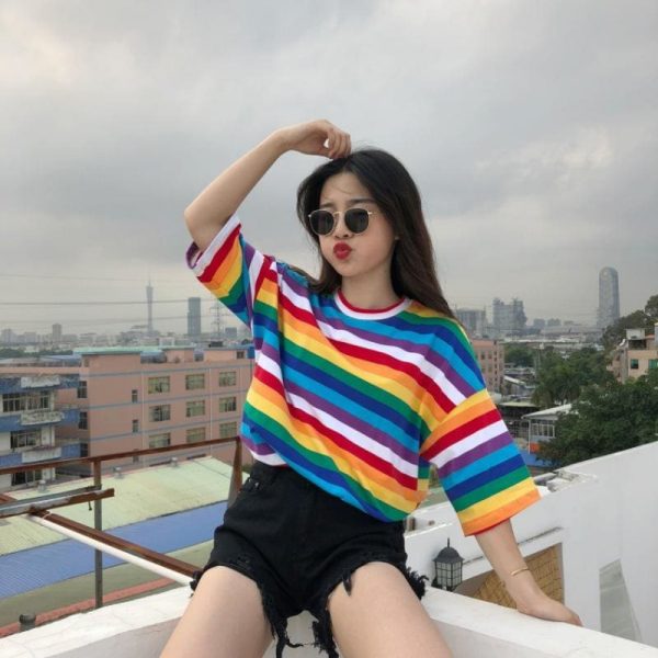 The Best Women Rainbow Striped Tops Summer Short Sleeve Korean Punk T-shirt Online - Takalr