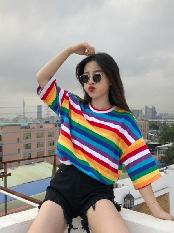 The Best Women Rainbow Striped Tops Summer Short Sleeve Korean Punk T-shirt Online - Takalr