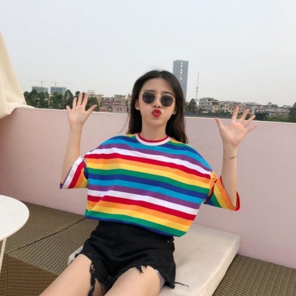 The Best Women Rainbow Striped Tops Summer Short Sleeve Korean Punk T-shirt Online - Takalr