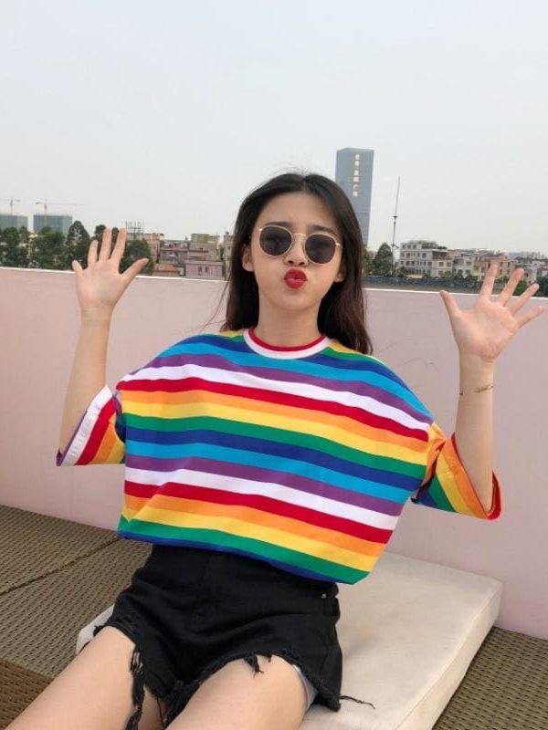 The Best Women Rainbow Striped Tops Summer Short Sleeve Korean Punk T-shirt Online - Takalr