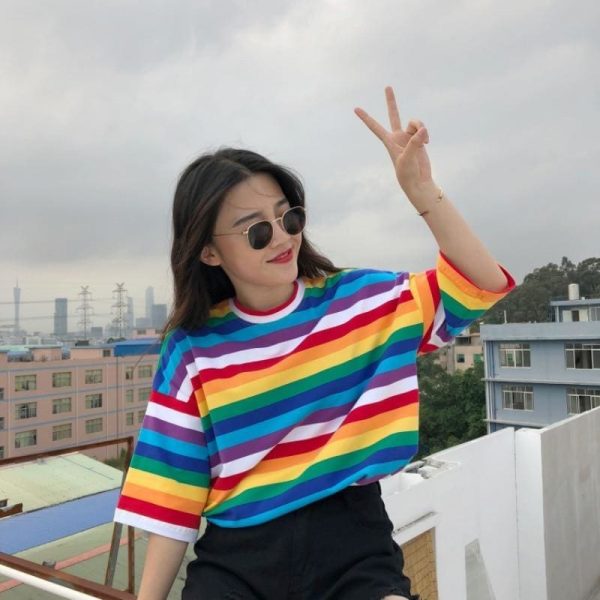 The Best Women Rainbow Striped Tops Summer Short Sleeve Korean Punk T-shirt Online - Takalr