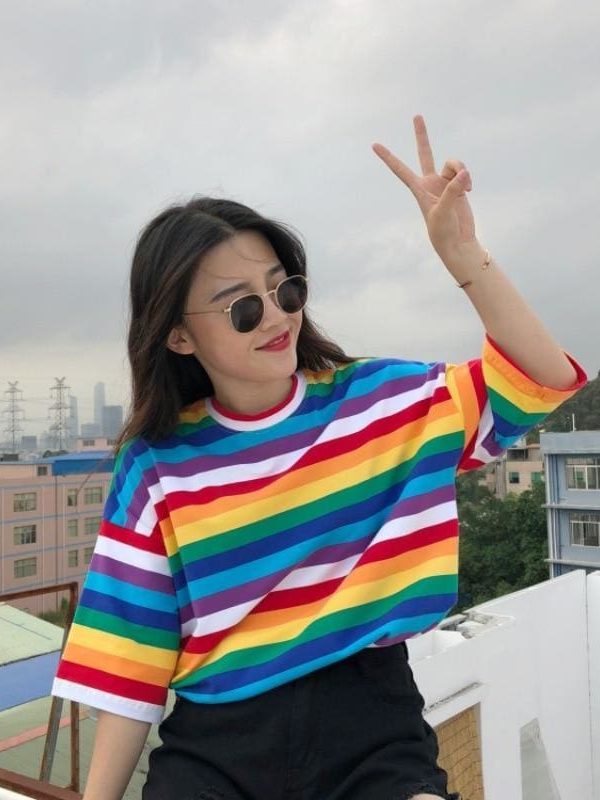 The Best Women Rainbow Striped Tops Summer Short Sleeve Korean Punk T-shirt Online - Takalr