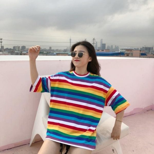 The Best Women Rainbow Striped Tops Summer Short Sleeve Korean Punk T-shirt Online - Takalr