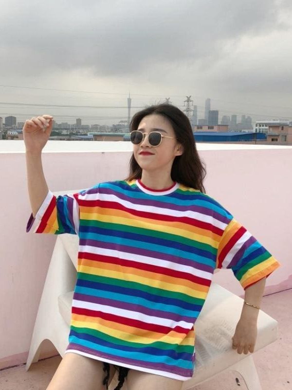 The Best Women Rainbow Striped Tops Summer Short Sleeve Korean Punk T-shirt Online - Takalr