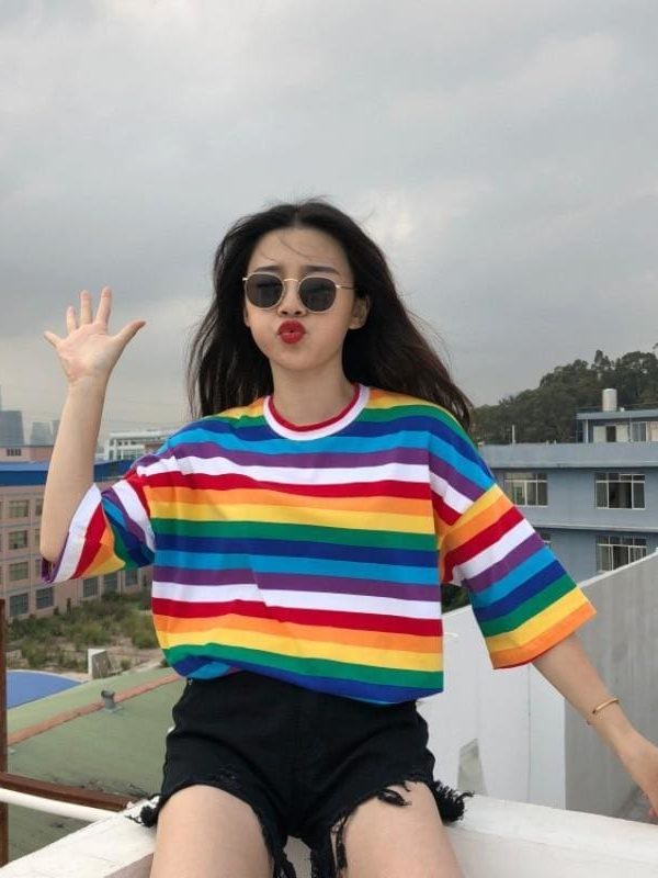 The Best Women Rainbow Striped Tops Summer Short Sleeve Korean Punk T-shirt Online - Takalr