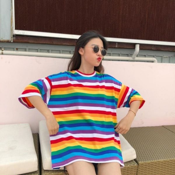 The Best Women Rainbow Striped Tops Summer Short Sleeve Korean Punk T-shirt Online - Takalr