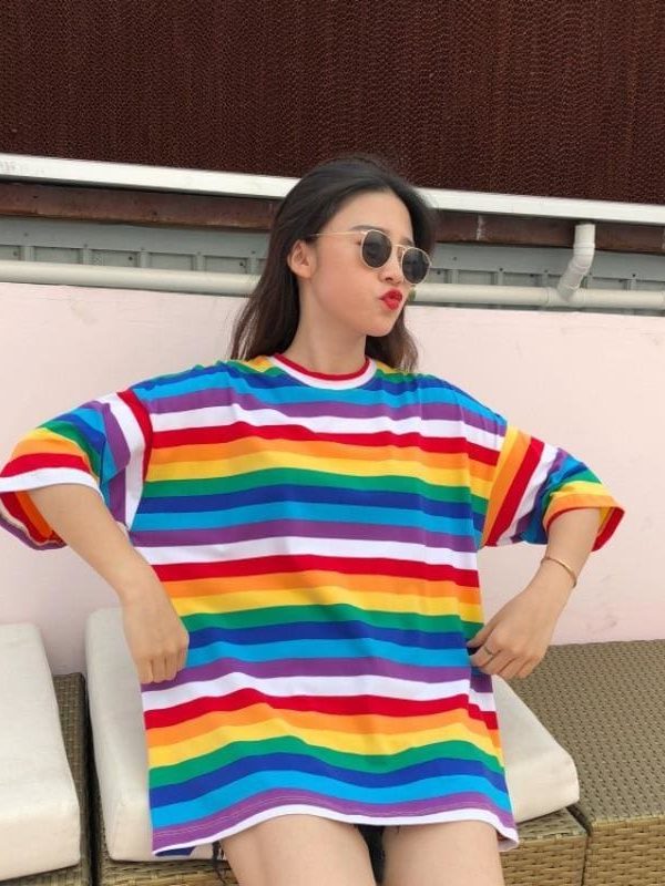 The Best Women Rainbow Striped Tops Summer Short Sleeve Korean Punk T-shirt Online - Takalr