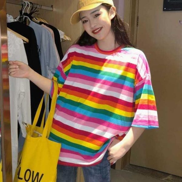 The Best Women Rainbow Striped Tops Summer Short Sleeve Korean Punk T-shirt Online - Takalr