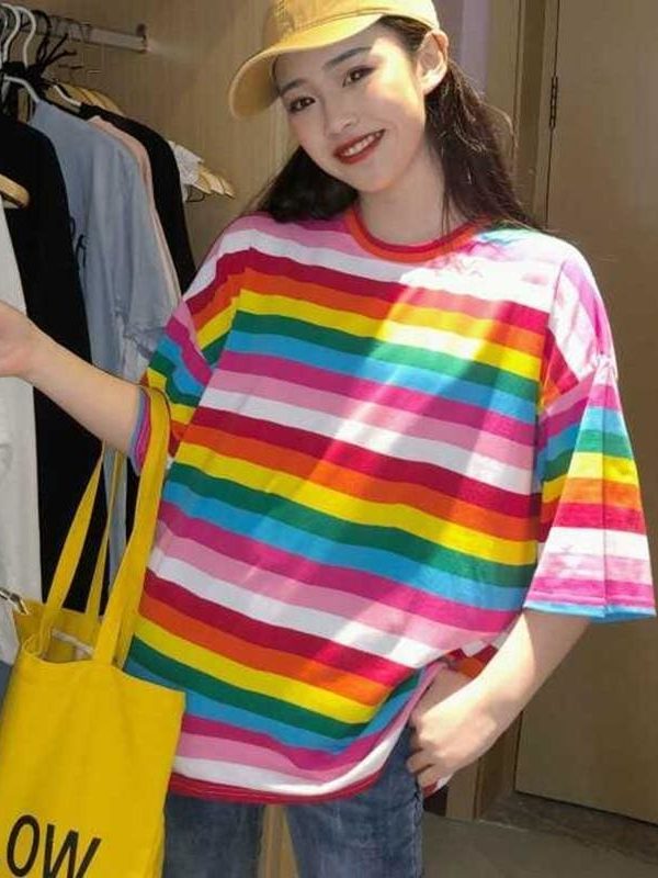 The Best Women Rainbow Striped Tops Summer Short Sleeve Korean Punk T-shirt Online - Takalr