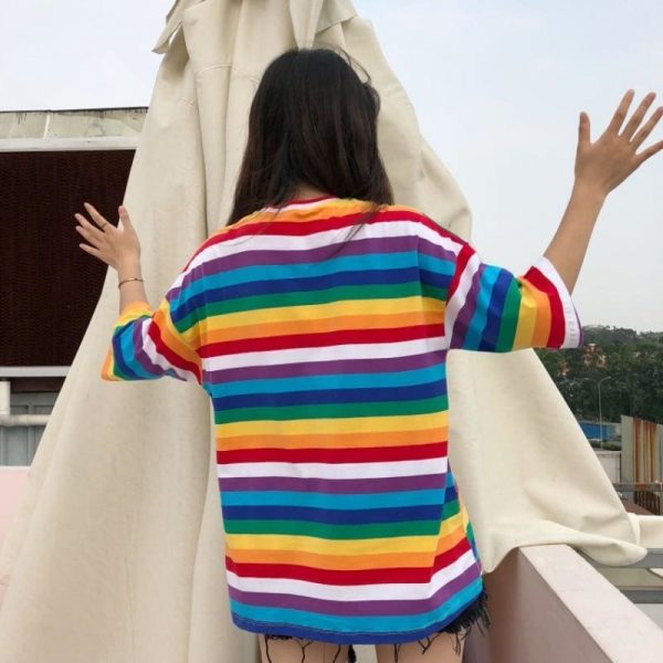 The Best Women Rainbow Striped Tops Summer Short Sleeve Korean Punk T-shirt Online - Takalr