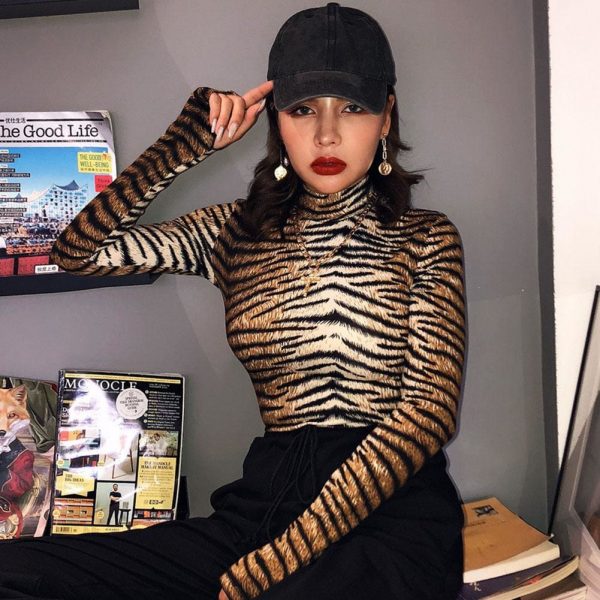 The Best Women Romper Bodysuit Tiger Leopard Print Tops Long Sleeve  Ladies Turtleneck Bodycon Stretch Jumpsuit Top Blouse Catsuit Online - Takalr