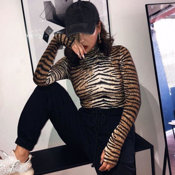 The Best Women Romper Bodysuit Tiger Leopard Print Tops Long Sleeve  Ladies Turtleneck Bodycon Stretch Jumpsuit Top Blouse Catsuit Online - Takalr