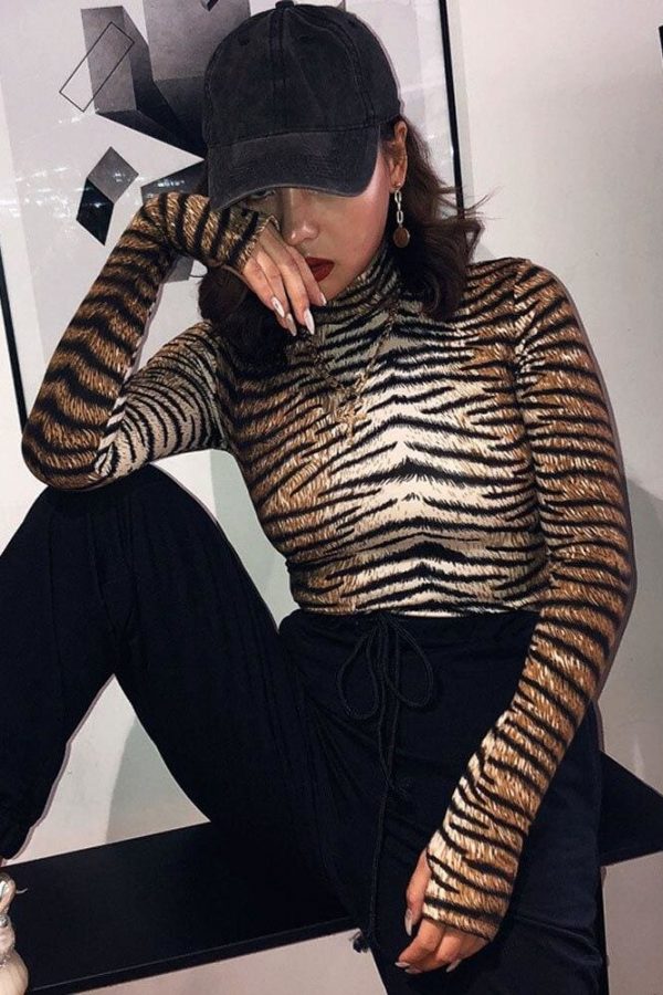 The Best Women Romper Bodysuit Tiger Leopard Print Tops Long Sleeve  Ladies Turtleneck Bodycon Stretch Jumpsuit Top Blouse Catsuit Online - Takalr