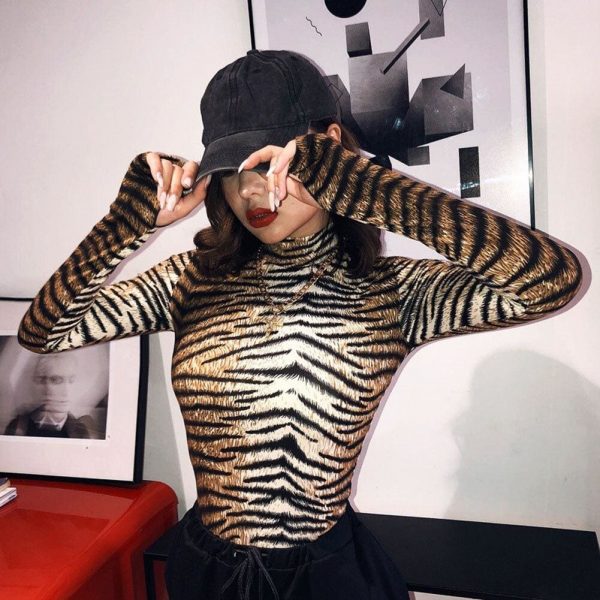 The Best Women Romper Bodysuit Tiger Leopard Print Tops Long Sleeve  Ladies Turtleneck Bodycon Stretch Jumpsuit Top Blouse Catsuit Online - Takalr