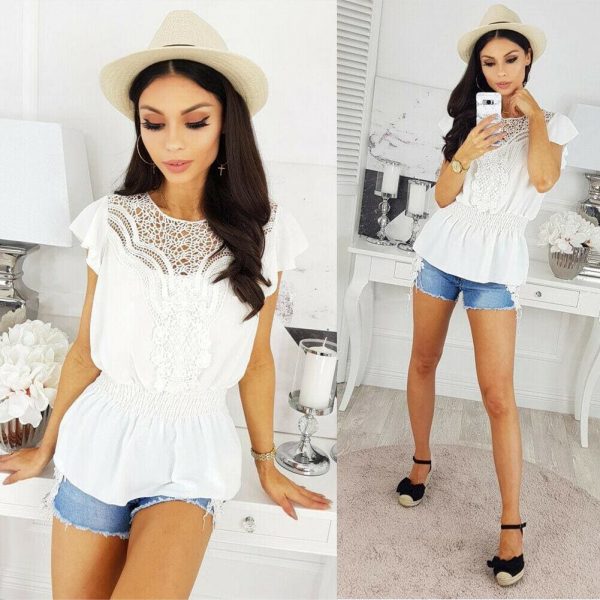 The Best Women Round Neck Short Sleeve Tops Hollow Out Casual Blouse Loose Summer Elegant Crochet Lace Crop Tops Shirt Online - Takalr