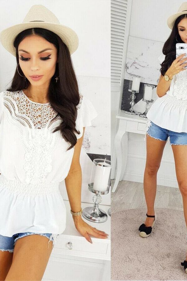 The Best Women Round Neck Short Sleeve Tops Hollow Out Casual Blouse Loose Summer Elegant Crochet Lace Crop Tops Shirt Online - Takalr