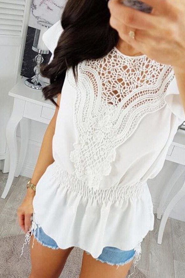 The Best Women Round Neck Short Sleeve Tops Hollow Out Casual Blouse Loose Summer Elegant Crochet Lace Crop Tops Shirt Online - Takalr