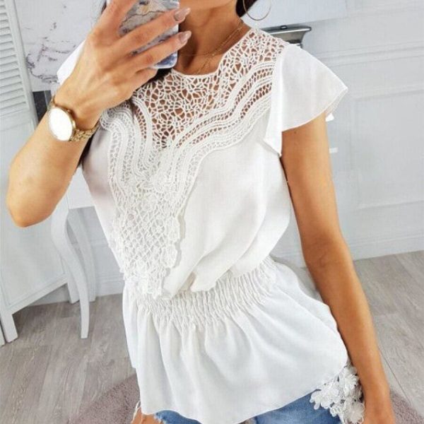 The Best Women Round Neck Short Sleeve Tops Hollow Out Casual Blouse Loose Summer Elegant Crochet Lace Crop Tops Shirt Online - Takalr