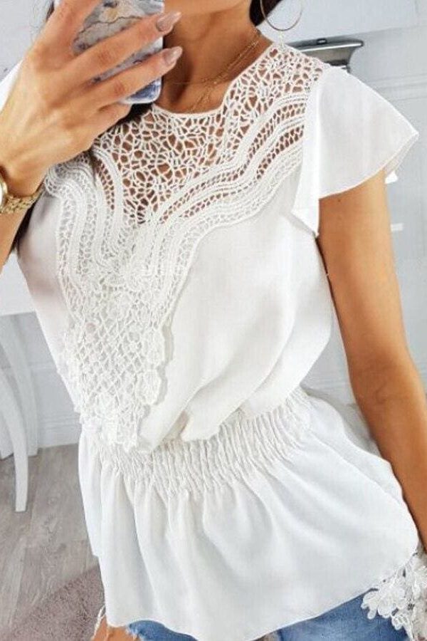 The Best Women Round Neck Short Sleeve Tops Hollow Out Casual Blouse Loose Summer Elegant Crochet Lace Crop Tops Shirt Online - Takalr